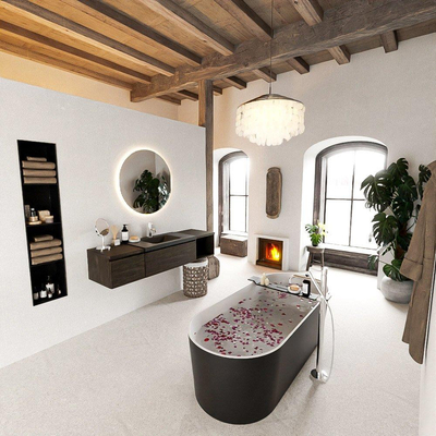 MONDIAZ BUKLA 160cm ensemble de meuble avec module ouvert 40 à droite couleur Marron Foncé avec 2 tiroirs. Lavabo CLOUD centre 1 trou de robinet couleur Urban.