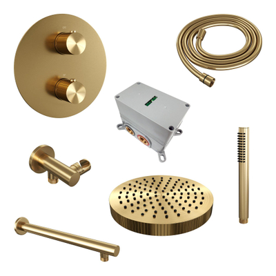 BRAUER Stripe Thermostatische Inbouw Regendouche - 3-weg - rond - SET 37 - 25cm douchekop - rechte muurarm - staaf handdouche - doucheslang - wandaansluitbocht - goud geborsteld PVD