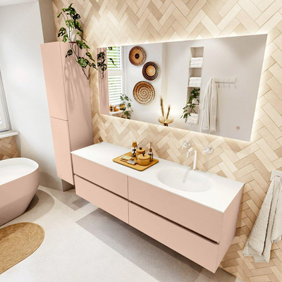 Mondiaz Vica ensemble de meuble de salle de bain - 160cm - meuble sous-vasque rosee - 4 tiroirs - lavabo moon droite - 1 trou de robinet - version haute de 60cm - talc