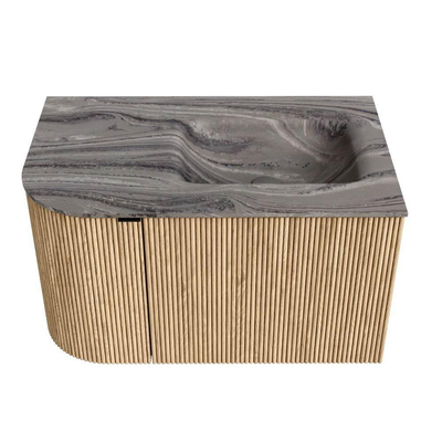 MONDIAZ KURVE-DLUX 75cm badmeubel ronding Links kleur Oak met 1 lade en 1 deur. Wastafel GRUNNE Rechts 1 kraangat Sombra.