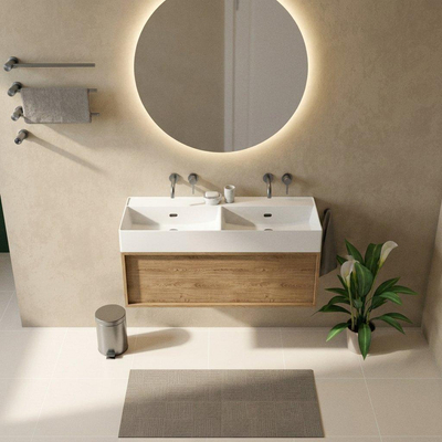 Saniclass Holz Frame Badkamermeubelset - 120x45x52cm - Legend keramische wastafel mat wit - 2 wasbakken - zonder kraangaten - 1 lade - mat eiken natural (hout)