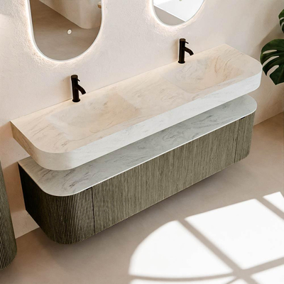 MONDIAZ THOR-DLUX Meuble de salle de bains 170cm arrondi gauche + droite couleur Shadow avec 1 tiroir et 2 portes. Vasque suspendue CLOUD Double 2 trous de robinet couleur Opalo.