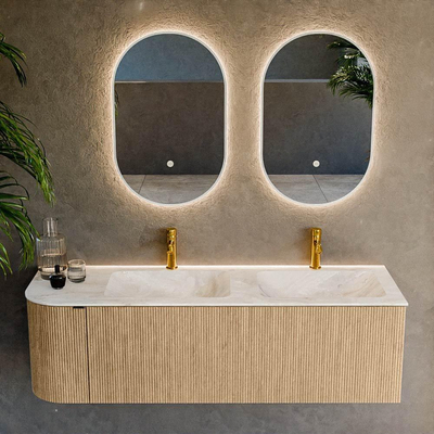 MONDIAZ KURVE-DLUX 145cm badmeubel met module 25 L kleur Oak met 1 lade en 1 deur. Wastafel LEAF dubbel / rechts 2 kraangaten kleur Frappe.