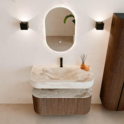 MONDIAZ THOR-DLUX 100cm badmeubel ronding links + rechts kleur Walnut met 1 lade en 2 deuren. Vrijhangende wastafel CLOUD Midden 1 kraangat kleur Frappe.