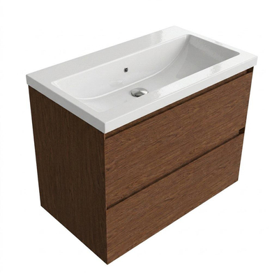 Saniclass Holz Pure Ensemble meuble de salle de bains - 80x45x63.5cm - Bari lavabo en céramique blanc - 1 vasque - sans trou de robinetterie - 2 tiroirs - mat walnut pure (bois)