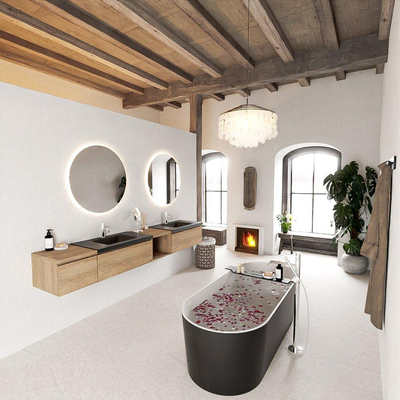 MONDIAZ BUKLA 240cm badmeubel met open module 40 rechts kleur Washed Oak met 3 lades. Wastafel CLOUD dubbel 2 kraangaten kleur Urban.
