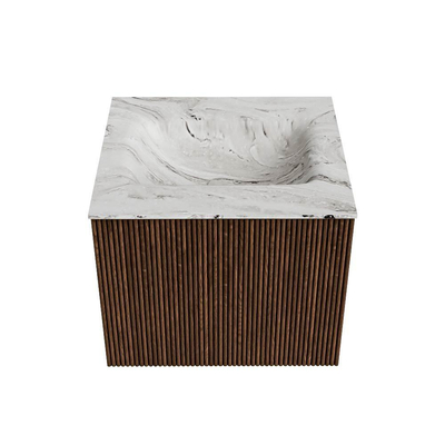 MONDIAZ KURVE-DLUX 50cm badmeubel kleur Walnut met 1 lade. Wastafel GRUNNE midden zonder kraangat kleur Glace.