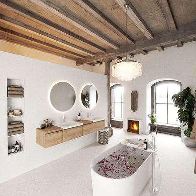 MONDIAZ BUKLA 200cm badmeubel met module 40 rechts kleur Washed Oak met 4 lades. Wastafel CLOUD dubbel 2 kraangaten kleur Talc.