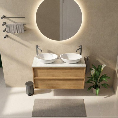 Saniclass Holz Frame Ensemble meuble de salle de bains - 120x45x63cm - Plan vasque en marbre Dia poli (blanc) - 2 trous de robinetterie - 2 tiroirs - chêne natural mat (bois)