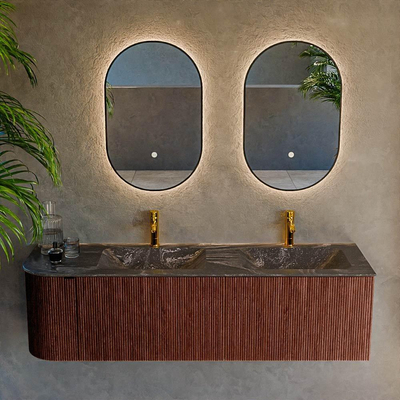 Mondiaz KURVE-DLUX Ensemble de meubles de salle de bains - 155x46x40cm - 2 tiroirs - 1 porte - lavabo solid surface - double / droite - 2 trous de robinet - Ruby