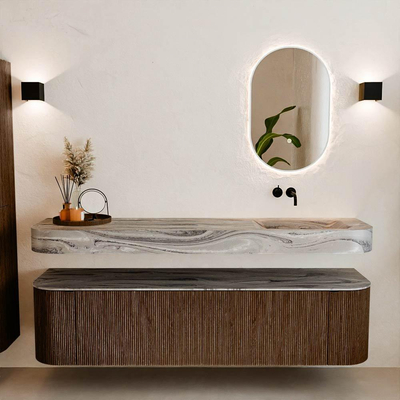 MONDIAZ THOR-DLUX Meuble de salle de bains 180cm arrondi gauche + droite couleur Walnut avec 2 tiroirs et 2 portes. Vasque suspendue CLOUD Droite sans trou de robinet couleur Sombra.