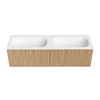 MONDIAZ KURVE Meuble de salle de bains 150 cm couleur Oak avec 2 tiroirs. Vasque BIG SMALL double sans trou de robinet Talc.