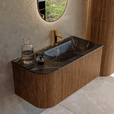 MONDIAZ KURVE-DLUX 95cm Meuble salle de bain avec module 25 G - couleur Walnut - 1 tiroir - 1 porte - vasque BIG SMALL droite - 1 trou de robinet - couleur Lava