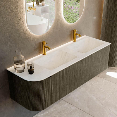 Mondiaz KURVE-DLUX Ensemble meuble de salle de bains - 145x46x40cm - 1 tiroir - 1 porte - lavabo solid surface - double / droit - 2 trous de robinet - Shadow