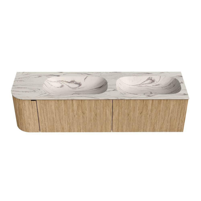 MONDIAZ KURVE-DLUX Meuble de salle de bains 165cm arrondi à gauche couleur Oak avec 2 tiroirs et 1 porte. Lavabo STOR SMALL Double / Droite 2 trous de robinet Nata.
