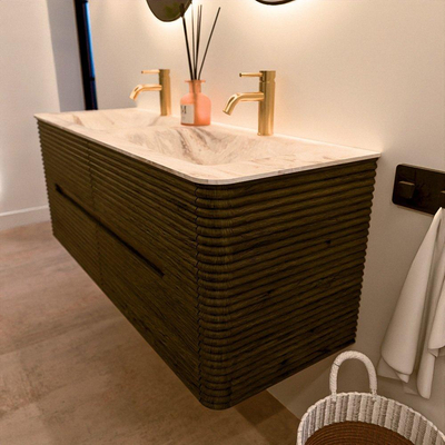 Mondiaz CIRO-DLUX Badkamermeubelset - 130x45x50cm - Solid surface wastafel Frappe - 2 wasbak Dubbel - 2 kraangaten - 4 lades - Shadow