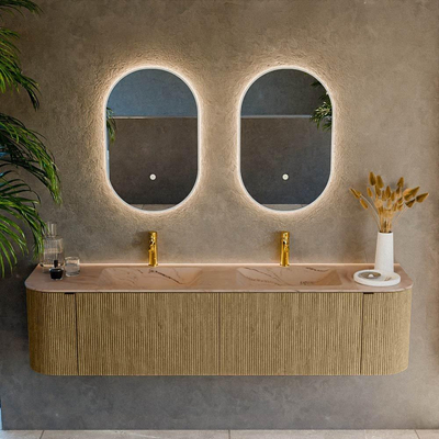 MONDIAZ KURVE-DLUX Meuble de salle de bains 180cm arrondi Gauche + Droite couleur Dusk avec 2 tiroirs et 2 portes. Lavabo LEAF Double 2 trous de robinet Arena.