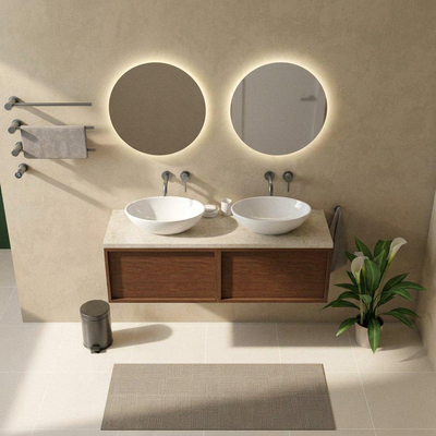 Saniclass Holz Frame Ensemble de meubles de salle de bains - 140x45x43cm - Plan de travail en pierre naturelle travertin - sans trou de robinetterie - 2 tiroirs - walnut pure mat (bois)