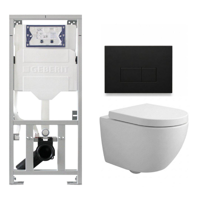 Pack WC QeramiQ Dely Swirl Compact - réservoir encastrable Geberit UP320 - avec bâti-support Burda - abattant 25 mm - plaque de commande en métal noir mat - boutons rectangulaires - blanc brillant