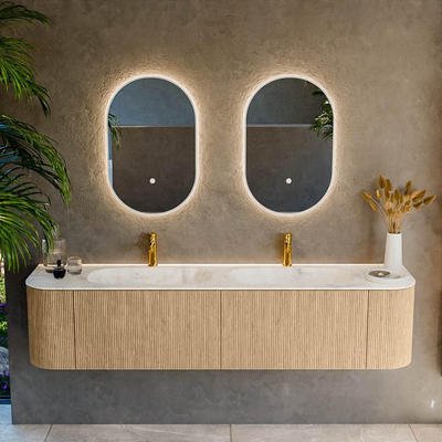 MONDIAZ KURVE-DLUX 190cm Meuble salle de bain avec module 25 G et D - couleur Oak - 2 tiroirs - 2 portes - vasque STOR SMALL double - 2 trous de robinet - couleur Ostra