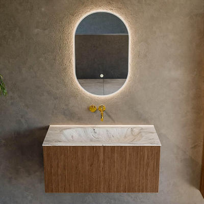 MONDIAZ KURVE-DLUX 90cm Meuble salle de bain - couleur Walnut - 1 tiroir - vasque BIG SMALL centre - sans trou de robinet - couleur Glace