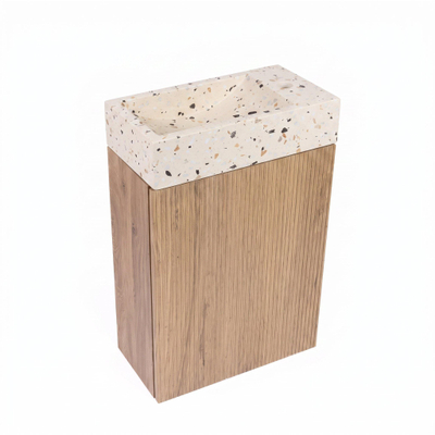 Saniclass Holz Atelier Ensemble de meuble toilettes - 40x60.5cm - 1 porte - lave-mains terrazzo - trou de robinet à droite - chêne naturel