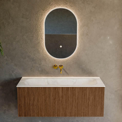 MONDIAZ KURVE-DLUX 110cm Meuble salle de bain - couleur Walnut - 1 tiroir - vasque BIG MEDIUM centre - sans trou de robinet - couleur Ostra