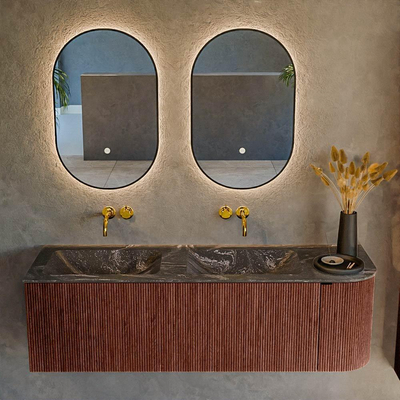 Mondiaz KURVE-DLUX Ensemble de meuble salle de bain - 145x46x40cm - 1 tiroir - 1 porte - lavabo en solid surface - double / gauche - sans trou de robinet - Ruby