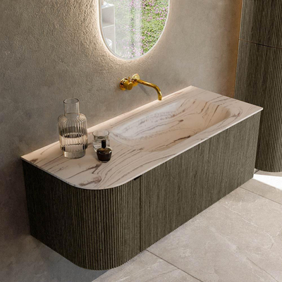 MONDIAZ KURVE-DLUX Meuble de salle de bains 115cm arrondi à gauche couleur Shadow avec 1 tiroir et 1 porte. Lavabo BIG SMALL à droite sans trou de robinet Nata.