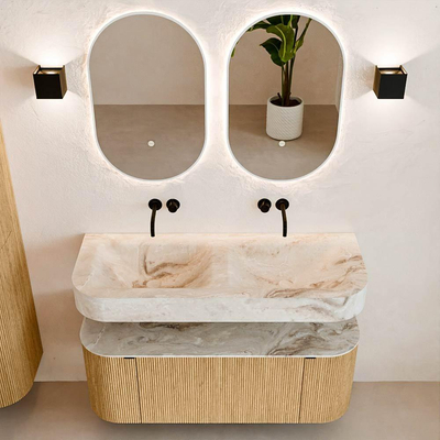 MONDIAZ THOR-DLUX 120cm badmeubel ronding links + rechts kleur Oak met 1 lade en 2 deuren. Vrijhangende wastafel CLOUD Dubbel zonder kraangat kleur Frappe.