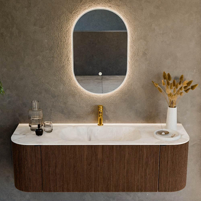MONDIAZ KURVE-DLUX 140cm badmeubel met module 25 Len R kleur Walnut met 1 lade en 2 deuren. Wastafel BIG SMALL midden 1 kraangat kleur Frappe.
