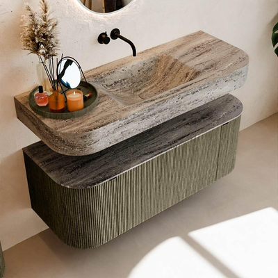 MONDIAZ THOR-DLUX 120cm meuble de salle de bains arrondi gauche + droite couleur Shadow avec 1 tiroir et 2 portes. Vasque suspendue CLOUD Milieu sans trou de robinet couleur Oza.