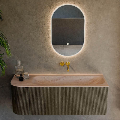 MONDIAZ KURVE-DLUX Meuble de salle de bains 125cm arrondi à gauche couleur Shadow avec 1 tiroir et 1 porte. Lavabo BIG MEDIUM à droite sans trou de robinet Saba.