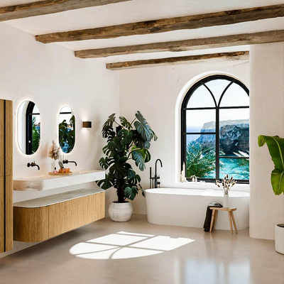 MONDIAZ THOR-DLUX 180cm badmeubel ronding links + rechts kleur Oak met 2 lades en 2 deuren. Vrijhangende wastafel CLOUD Dubbel zonder kraangat kleur Ostra.