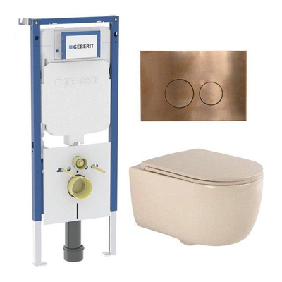 QeramiQ Dely Swirl Toiletset - 36.3x51.7cm - Geberit UP720 Duofix Sigma inbouwreservoir - slim zitting - koperen bedieningsplaat - ronde knoppen - beige