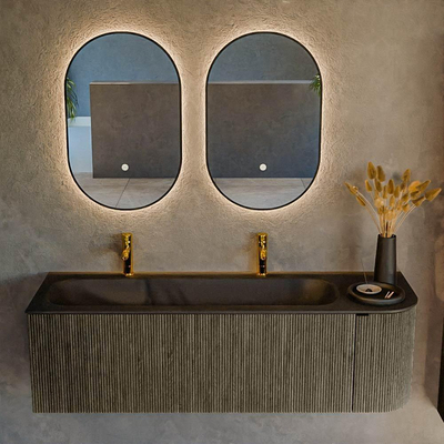 Mondiaz KURVE Ensemble de meubles de salle de bains - 145x46x40cm - 1 tiroir - 1 porte - lavabo solid surface - gauche - 2 trous de robinet - Shadow