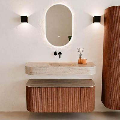 MONDIAZ THOR-DLUX 110cm badmeubel ronding links + rechts kleur Ruby met 1 lade en 2 deuren. Vrijhangende wastafel CLOUD Midden zonder kraangat kleur Saba.
