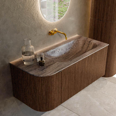 MONDIAZ KURVE-DLUX 105cm badmeubel ronding Links kleur Walnut met 1 lade en 1 deur. Wastafel BIG SMALL Rechts zonder kraangat Oza.