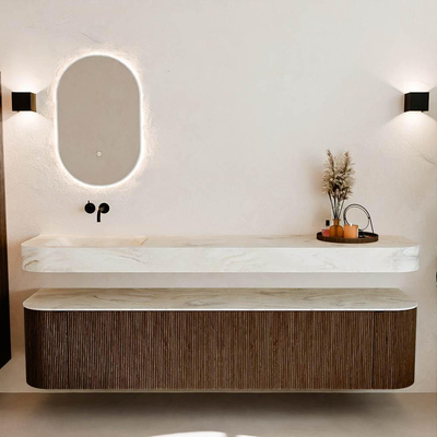 MONDIAZ THOR-DLUX Meuble de salle de bains - 200cm - arrondi gauche + droite - couleur Walnut - 2 tiroirs et 2 portes - Vasque suspendue CLOUD Gauche sans trou de robinet - couleur Ostra