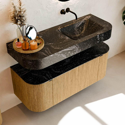 MONDIAZ THOR-DLUX 120cm meuble de salle de bains arrondi gauche + droite couleur Oak avec 1 tiroir et 2 portes. Vasque suspendue CLOUD droite sans trou de robinet couleur Lava.