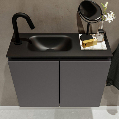 MONDIAZ TURE Fonteinset - 60x23x50cm - 1 kraangat - 2 deuren - darkgrey mat - Wasbak links - Solid Surface Zwart