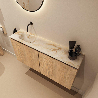 MONDIAZ TURE-DLUX Meuble WC 100cm Washed Oak. Lavabo EDEN Frappe position gauche. Sans trou de robinet.