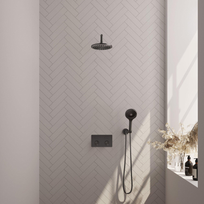BRAUER gunmetal Carving Douche de pluie thermostatique encastrée - boutons-poussoirs - SET 57 - pomme de douche 20cm - bras mural courbé - douchette 3 jets - flexible de douche - coude de raccordement mural - PVD gunmetal brossé