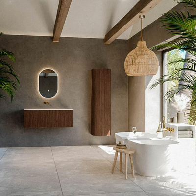 MONDIAZ KURVE Meuble de salle de bains 110 cm couleur Walnut avec 1 tiroir. Lavabo BIG MEDIUM centré sans trou de robinet Talc.