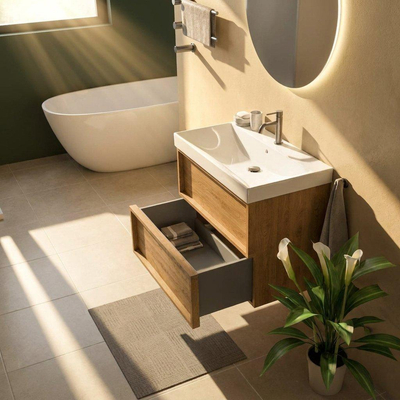 Saniclass Holz Frame Ensemble de meubles de salle de bains - 80x45x67.5cm - lavabo Wave en céramique - 1 vasque - 1 trou de robinetterie - 2 tiroirs - chêne naturel mat (bois)