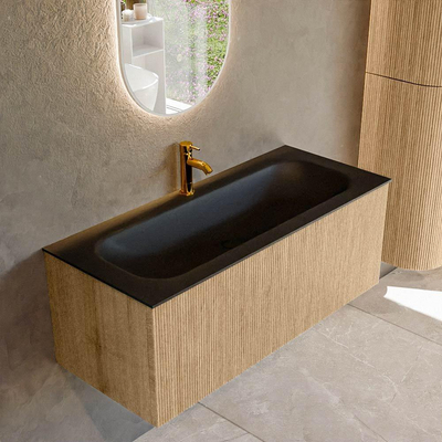 MONDIAZ KURVE 110cm badmeubel kleur Oak met 1 lade. Wastafel BIG MEDIUM midden 1 kraangat Urban.