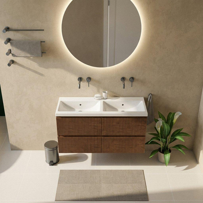 Saniclass Holz Atelier Ensemble meuble de salle de bains - 120x45x63.5cm - Lavabo Bari en céramique blanc - 2 vasques - sans trous de robinetterie - 2 tiroirs - walnut pure mat (bois)