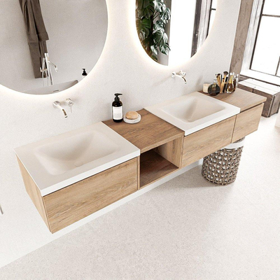 MONDIAZ BUKLA 200cm ensemble de meuble avec module ouvert 40 gauche couleur Chêne blanchi avec 3 tiroirs. Lavabo CLOUD double 0 trou de robinet couleur Talc.