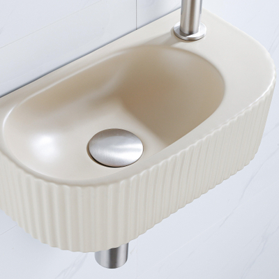 QeramiQ Fuente Ensemble de lavabo - 40x21.5x12cm - droit - lisse - demi-rond - 1 trou de robinet - céramique - robinet de lave-mains en acier inoxydable brossé - bouchon de vidange - siphon abaissé - beige