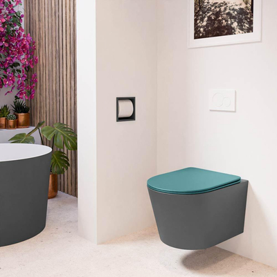 Mondiaz LAVIE hangtoilet – spoelrandloos – 36 x 53 cm – met softclose zitting – Dark grey (grijs), zitting Smag (groen)